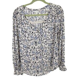 Hinge Women's Floral Lightweight V-Neck Top Size M Cream/Blue